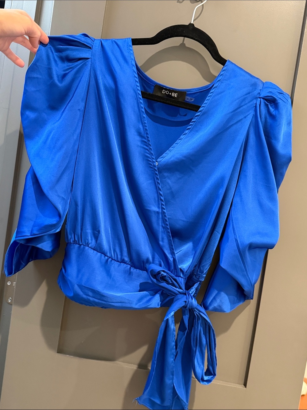 DO+BE Cobalt Blue Puff Sleeve Wrap Blouse with Side Tie